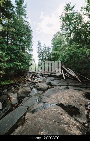 Flusso di fiume di montagna che scorre attraverso la foresta nel Parco Nazionale di la Mauricie in Quebec, Canada Foto Stock