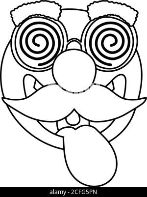 crazy emoji faccia con baffi e occhiali maschera sciocchi giorno disegno dell'illustrazione vettoriale dello stile della linea Illustrazione Vettoriale