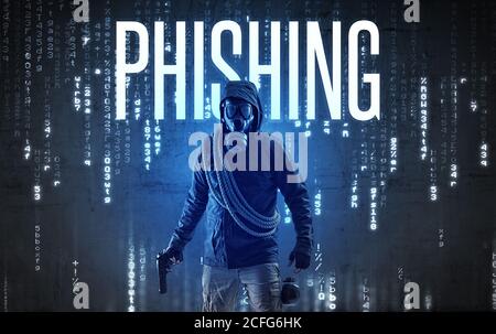 Hacker senza volto con iscrizione DI PHISHING, concetto di hacking Foto Stock