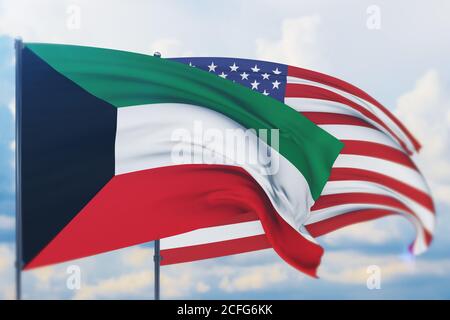 Sventolando bandiera americana e bandiera del Kuwait. Vista in primo piano, illustrazione 3D. Foto Stock