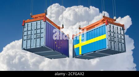 Container con bandiera svedese e dell'Unione europea. Rendering 3D Foto Stock