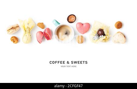 Tazza da caffè, maccheroni, caramelle al cioccolato e torte layout creativo su sfondo bianco. Composizione e striscione dei dolci. Concetto di cibo e giorno di San Valentino. F Foto Stock