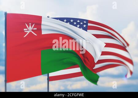 Sventolando bandiera americana e bandiera di Oman. Vista in primo piano, illustrazione 3D. Foto Stock