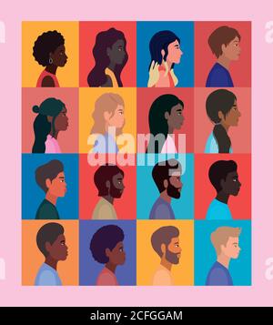 diversità di donne e uomini cartoni animati in cornici disegno vettoriale Illustrazione Vettoriale