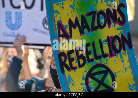 Londra, Regno Unito. 5 Settembre 2020. Un'estinzione ribellione (XR) 'Marca per Amazzonia' da Piazza del Parlamento alla brasiliana Embassy Credit: Ian Davidson/Alamy Live News Foto Stock