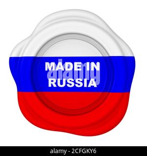 Prodotto in Russia con francobollo in cera. Francobollo di cera a colori della bandiera russa etichettato MADE IN RUSSIA text. Isolato. Illustrazione 3D Foto Stock
