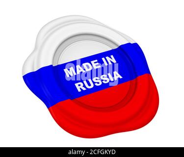 Prodotto in Russia con francobollo in cera. Francobollo di cera a colori della bandiera russa etichettato MADE IN RUSSIA text. Isolato. Illustrazione 3D Foto Stock