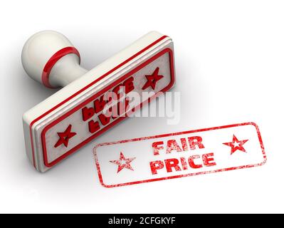 Prezzo equo. Il timbro e un'impronta. Francobollo in gomma bianca e impronta rossa FAIR PRICE su superficie bianca. Illustrazione 3D Foto Stock