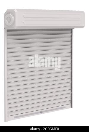 Tapparelle di protezione (tapparelle, tapparelle). Tendina parasole a rullo bianca isolata su sfondo bianco. Illustrazione 3D Foto Stock