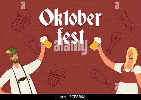 coppia tedesca che indossa tuta tirolese bere birre caratteri illustrazione vettoriale design Illustrazione Vettoriale