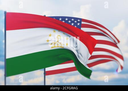 Bandiera americana e bandiera del Tagikistan. Vista in primo piano, illustrazione 3D. Foto Stock