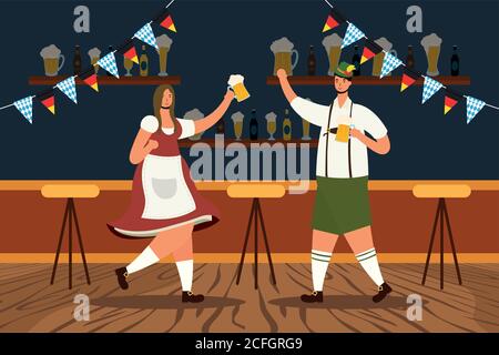 coppia tedesca che indossa tuta tirolese bere birre caratteri illustrazione vettoriale design Illustrazione Vettoriale