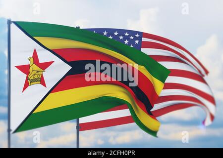 Sventolare bandiera americana e bandiera dello Zimbabwe. Vista in primo piano, illustrazione 3D. Foto Stock