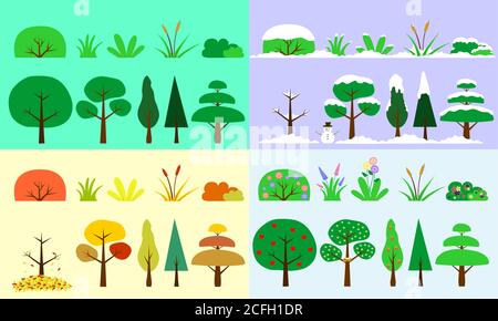 Natura alberi, cespugli e piante con il clima delle quattro stagioni dell'anno vettorizzato Illustrazione Vettoriale