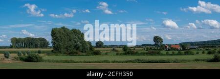 Fotografia panoramica di una piccola fattoria in un paesaggio olandese polder nel Ooijpolder in Gelderland, Paesi Bassi Foto Stock