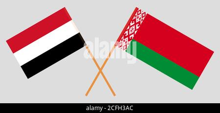 Bandiere incrociate di Bielorussia e Yemen. Colori ufficiali. Proporzione corretta. Illustrazione vettoriale Illustrazione Vettoriale