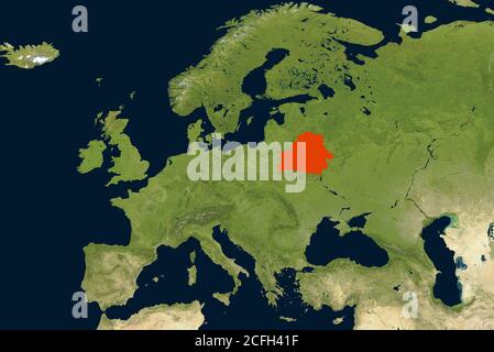 Bielorussia sulla mappa fisica dell'Europa, dettaglio della mappa geografica mondiale dalla foto satellitare globale. Immagine piatta della regione europea sulla Terra. Concetto di media news Foto Stock