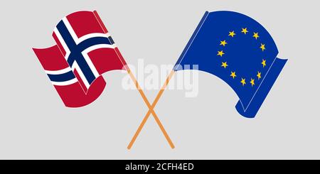 Bandiere incrociate e sventolanti della Norvegia e dell'UE. Illustrazione vettoriale Illustrazione Vettoriale