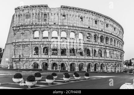 Colosseo o Colosseo. Alba mattutina all'enorme anfiteatro romano, Roma, Italia immagine in bianco e nero. Foto Stock