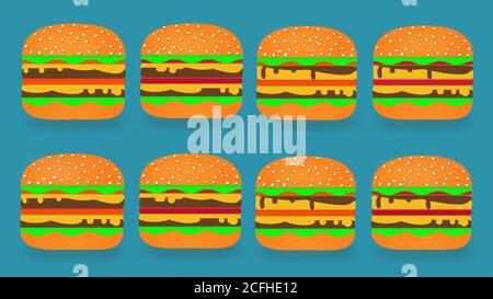 hamburger icona disegno illustrazione set su sfondo blu Foto Stock