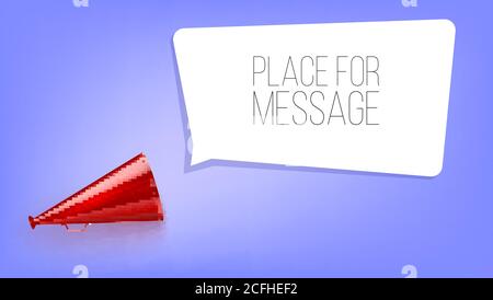 Megafono rosso su sfondo blu con bolla vocale e posto per il testo. Illustrazione vettoriale 3d. Illustrazione Vettoriale