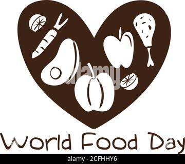 world food day celebrazione scritta con cibo sano nel cuore disegno dell'illustrazione vettoriale dello stile della linea Illustrazione Vettoriale