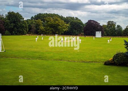 Wiseton Cricket Club, giocando nel loro campo da cricket villaggio in estate Foto Stock