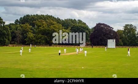 Wiseton Cricket Club, giocando nel loro campo da cricket villaggio in estate Foto Stock