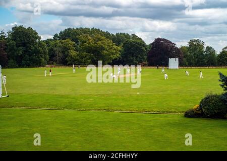 Wiseton Cricket Club, giocando nel loro campo da cricket villaggio in estate Foto Stock