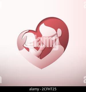 Vista laterale della madre che tiene un bambino con maschere mediche e guanti in gomma, all'interno del telaio a forma di cuore in stile arte della carta Illustrazione Vettoriale