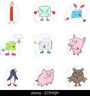 Set di adesivi. Raccolta vettoriale di divertenti buste cartoni animati e animali Illustrazione Vettoriale