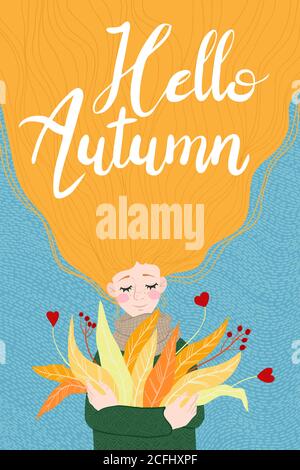 Felice zenzero ragazza con una foglia d'autunno , godendo il tempo. Ciao autunno. Design autunnale per banner, poster, stampa, poster, cartoline. Vettore illustrati Illustrazione Vettoriale