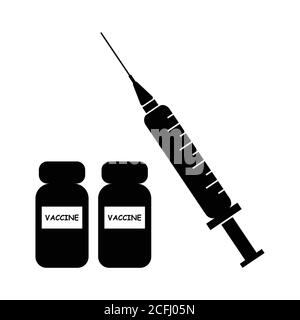 Vaccino con siringa. Pittogramma bianco e nero raffigurante il vaccino medico e la siringa. Vettore EPS Illustrazione Vettoriale