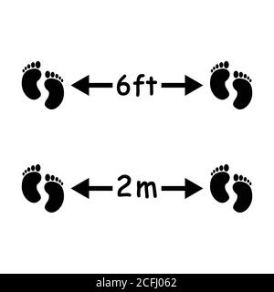 Icona dei piedi di distanza sociale di 2 metri e 6 piedi. Icona di marcatura del pavimento in bianco e nero raffigurante una distanza fisica di sei piedi e due metri D Illustrazione Vettoriale