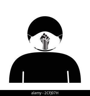 Stick figura maschera viso con BLM Fist. Icona in bianco e nero raffigurante il personaggio del bastone persona che indossa la copertura facciale con il logo Black Lives Matter Fist. EP Illustrazione Vettoriale