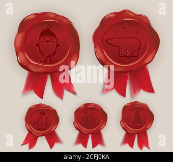 Sigillo di cera di Natale. Wafer marrone con nastro rosso su sfondo beige. Modello per le schede, complimenti Illustrazione Vettoriale