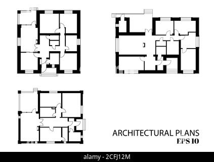 Piani architettonici di edifici residenziali. Set di disegni architettonici. Immagine vettoriale in bianco e nero EPS10. Illustrazione Vettoriale