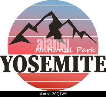 YOSEMITE PARK, LOGO VETTORIALE CON STAMPA SLOGAN DI MONTAGNA Illustrazione Vettoriale