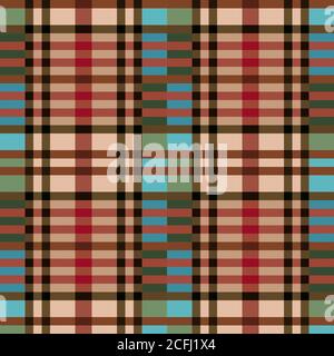 Motley motivo vettoriale senza cuciture come plaid tartan principalmente in tonalità verde, blu, beige e rosso con linee diagonali, texture per camicia in flanella, plai Illustrazione Vettoriale