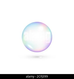 Bolla trasparente con sapone iridescente. Bolla di colore iridata realistica. Vettore isolato su bianco Illustrazione Vettoriale