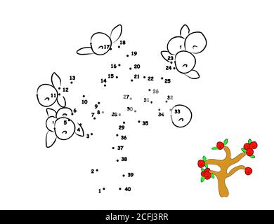 Frutta su albero. Formazione di gioco da punto a punto. Disegno a mano cute illustrazione, vettore di colorazione Illustrazione Vettoriale