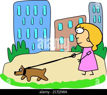 Ragazza e cane su una passeggiata. Parco vicino alla casa, erba verde. Divertente immagine a colori, disegno a mano illustrazione colore moderno Illustrazione Vettoriale