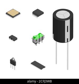 Insieme di diversi componenti elettronici attivi e passivi isolati su sfondo bianco. Resistore, condensatore, diodo, microcircuito, il fusibile e il pulsante. 3D Illustrazione Vettoriale