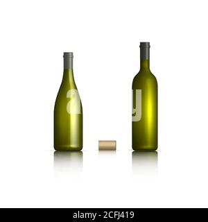 Bottiglie fotorealistiche di vino bianco con sughero. Vista frontale, illustrazione vettoriale. Illustrazione Vettoriale