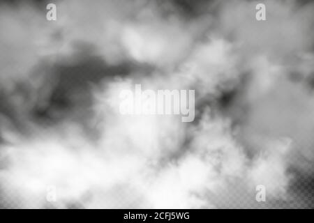 Vettore bianco nuvolosità, nebbia o fumo su sfondo scopato scuro. Illustrazione Vettoriale