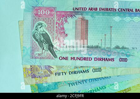 Primo piano Emirati Arabi Uniti valuta, dirham e fils, Dubai, Abu Dhabi Foto Stock