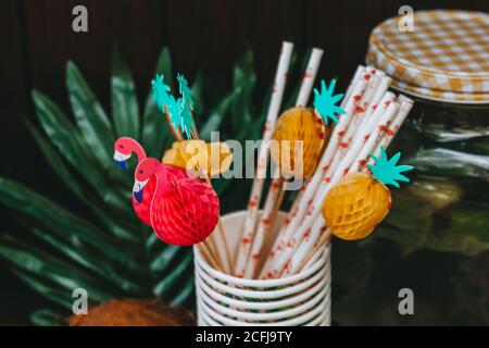 Decorazioni tropicali. Pom di pom di carta colorata, festa a tema tropicale. Festa in giardino. Foto Stock