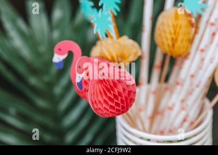 Decorazioni tropicali. Pom di pom di carta colorata, festa a tema tropicale. Festa in giardino. Foto Stock