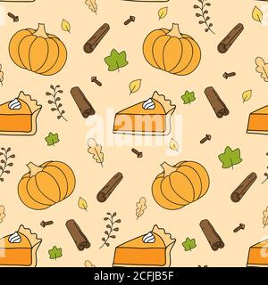 Torta di zucca modello senza cuciture con zucca, torta, cannella, chiodo di garofano, foglie cadenti. Autunno, raccolto, Ringraziamento sfondo. Vettore. Illustrazione Vettoriale