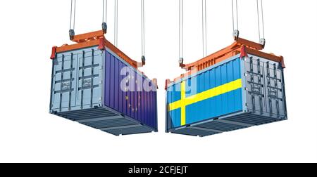 Container con bandiera svedese e dell'Unione europea. Rendering 3D Foto Stock